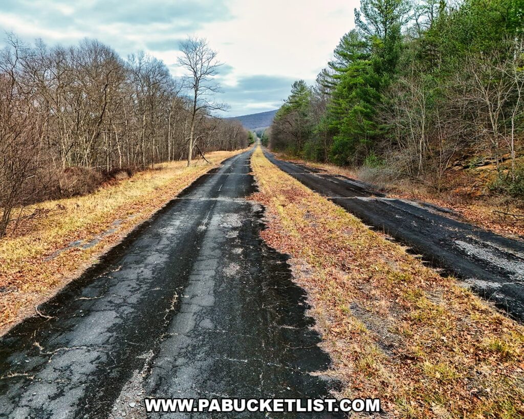 View of the abandoned Pennsylvania Turnpike between the Rays Hill and Sideling Hill tunnels, featuring a cracked, weathered two-lane roadway stretching straight into the distance, bordered by leafless hardwoods on the left and dense evergreens on the right along this 8.5-mile trail in Bedford and Fulton counties.