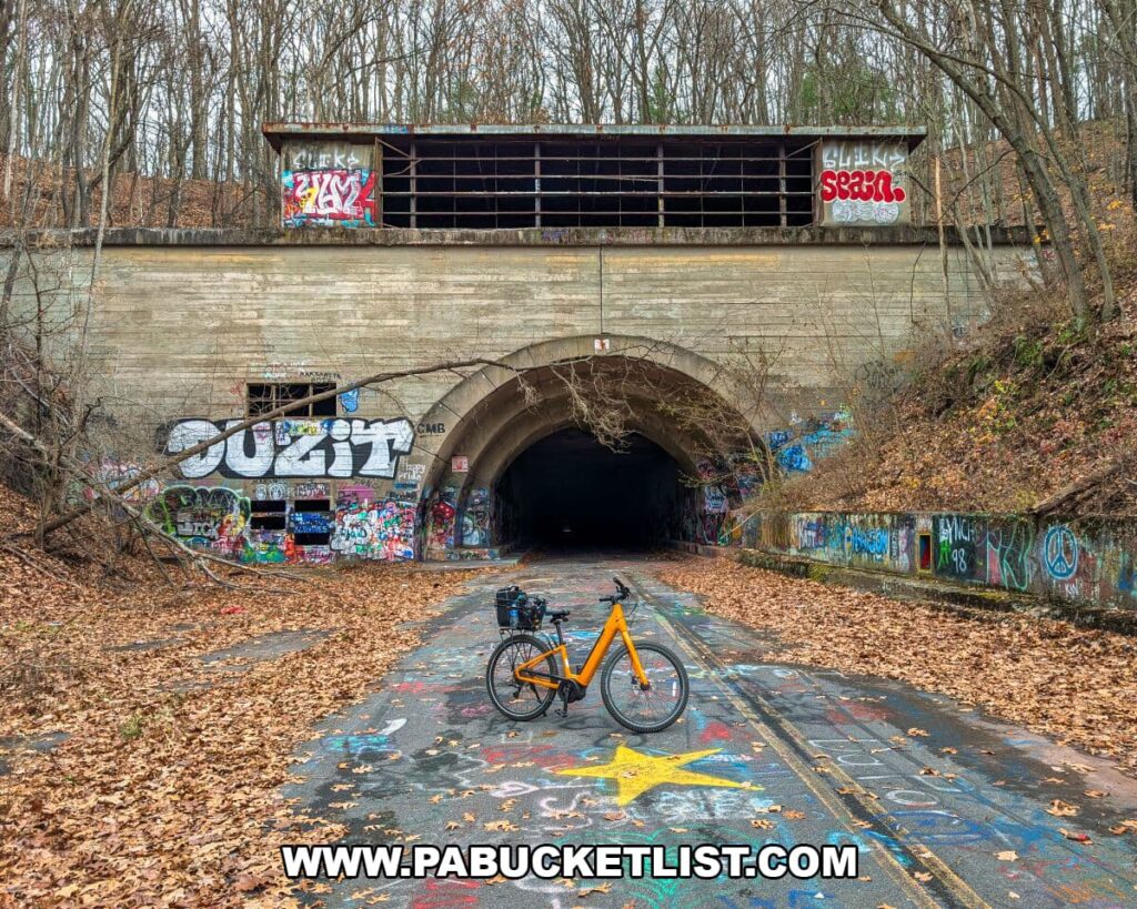 An orange bicycle sits on the graffiti-covered pavement in front of the western portal of Rays Hill Tunnel, its concrete façade weathered and tagged with layers of colorful artwork, along the 8.5-mile Abandoned PA Turnpike in Bedford and Fulton counties.