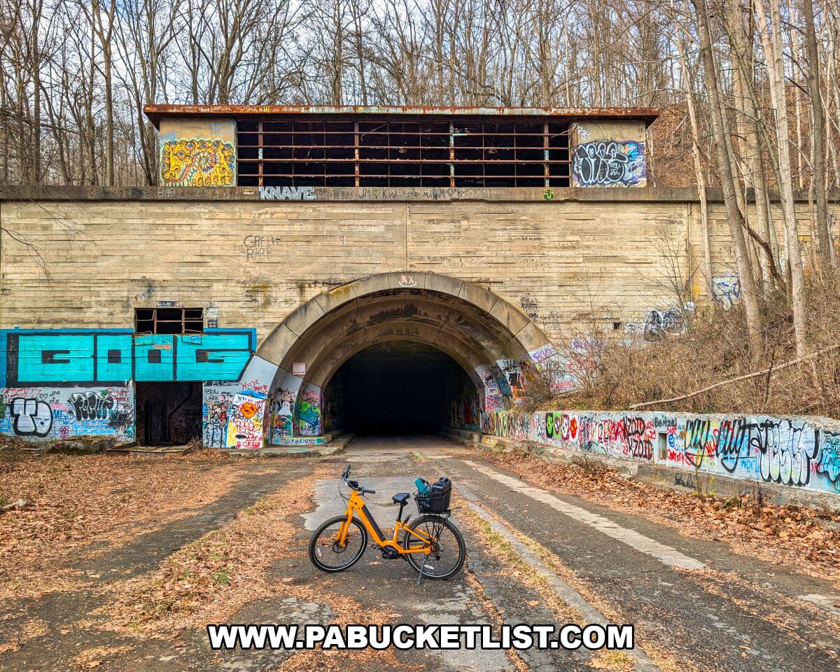 An orange bicycle rests on the cracked pavement in front of the graffiti-covered eastern portal of Sideling Hill Tunnel, its weathered concrete façade rising from a wooded hillside along the 8.5-mile Abandoned PA Turnpike in Bedford and Fulton counties.
