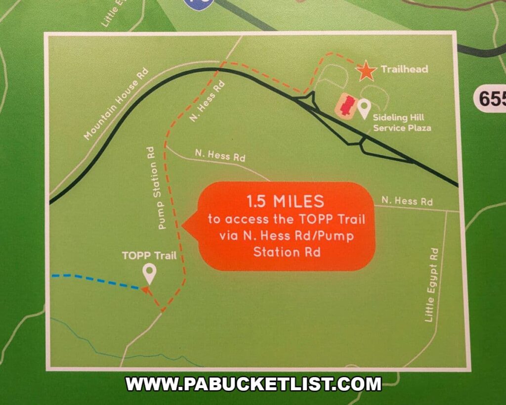Map showing the route from the Sideling Hill Service Plaza to a trailhead on the Abandoned PA Turnpike, highlighting a 1.5-mile approach via N. Hess Road and Pump Station Road to reach the TOPP Trail along this 8.5-mile former Turnpike corridor in Bedford and Fulton counties.