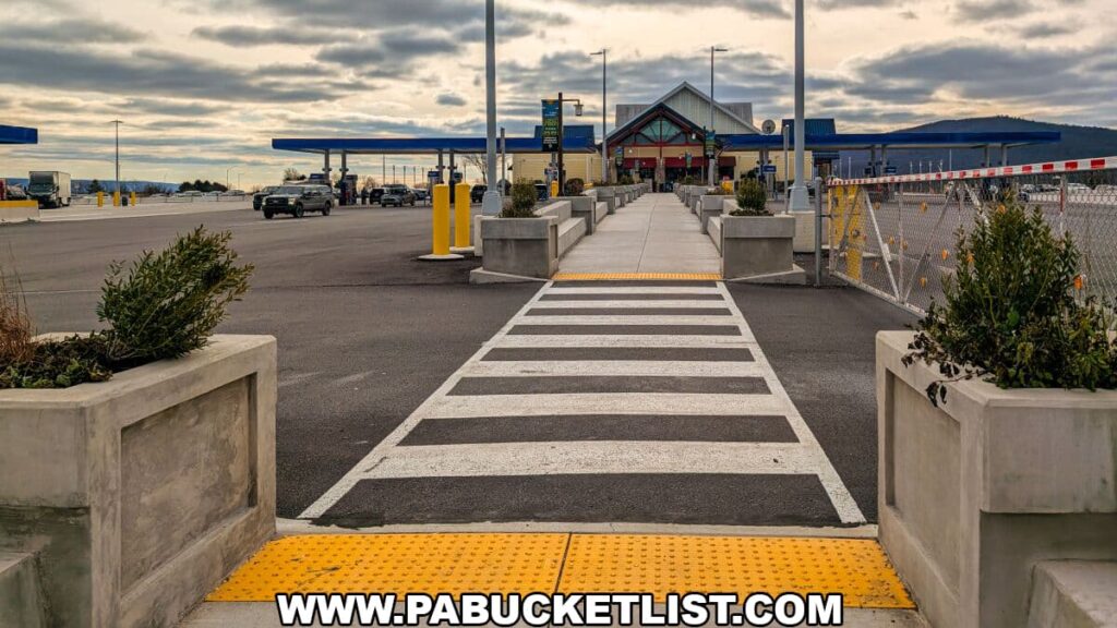 Crosswalk and concrete walkway leading from the Abandoned PA Turnpike trailhead back toward the Sideling Hill Service Plaza, with gas pumps, parked vehicles, and distant ridges visible along this access point to the 8.5-mile former Turnpike corridor in Bedford and Fulton counties.