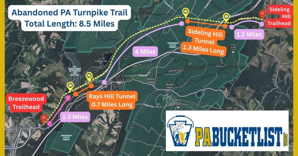 Map of the 8.5-mile Abandoned PA Turnpike Trail showing the route between the Breezewood and Sideling Hill trailheads, with labeled segments, distances, and locations of Rays Hill Tunnel and Sideling Hill Tunnel along the former Turnpike corridor in Bedford and Fulton counties.