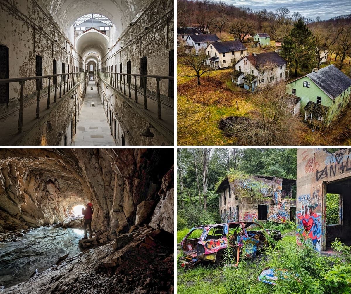 A collage featuring four of the best abandoned places in Pennsylvania you can legally visit.