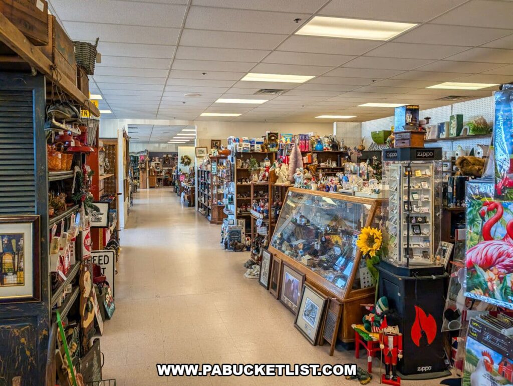 Wide interior view of Black Rose Antiques in Hanover, Pennsylvania, showing a long aisle lined with vendor booths filled with vintage collectibles, furniture, artwork, glassware, toys, and decorative items under bright overhead lighting.