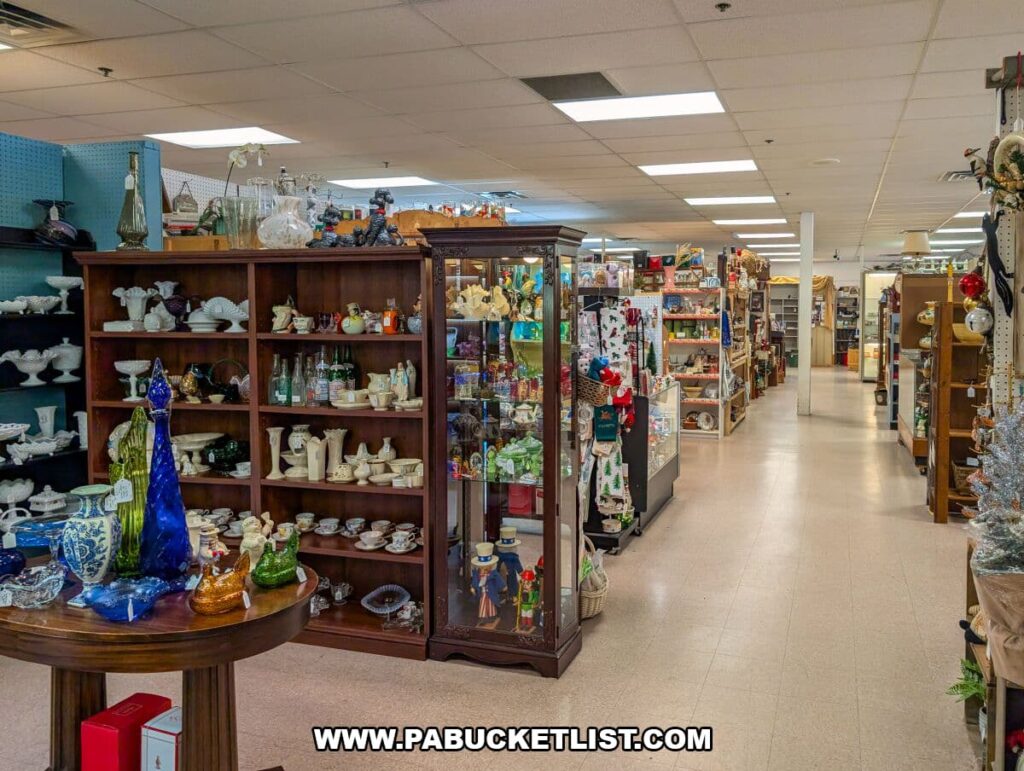 Aisle inside Black Rose Antiques in Hanover, Pennsylvania, lined with vendor booths displaying shelves of vintage glassware, pottery, collectibles, and holiday décor under bright fluorescent lighting.