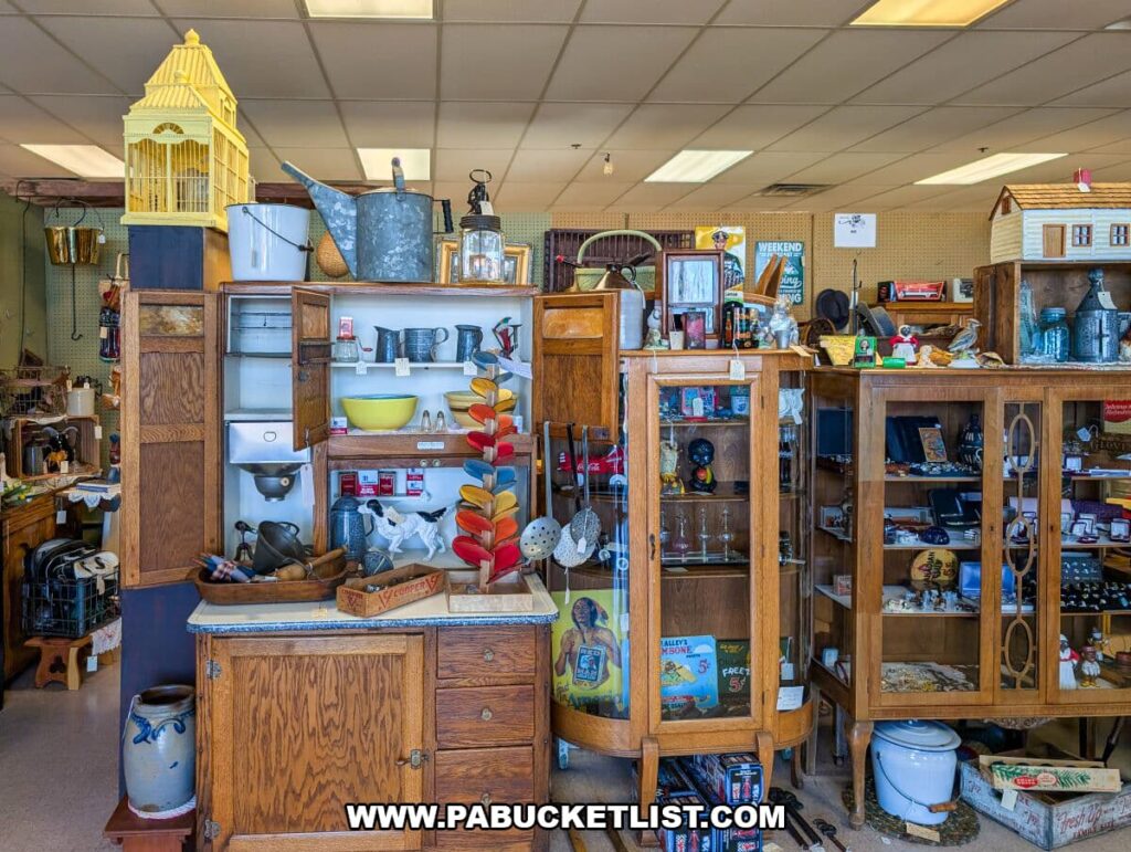 Vintage kitchen and homeware display inside Black Rose Antiques in Hanover, Pennsylvania, featuring wooden cabinets filled with old-fashioned dishes, tins, glassware, watering cans, enamelware, toys, and farmhouse décor in a multi-vendor booth.