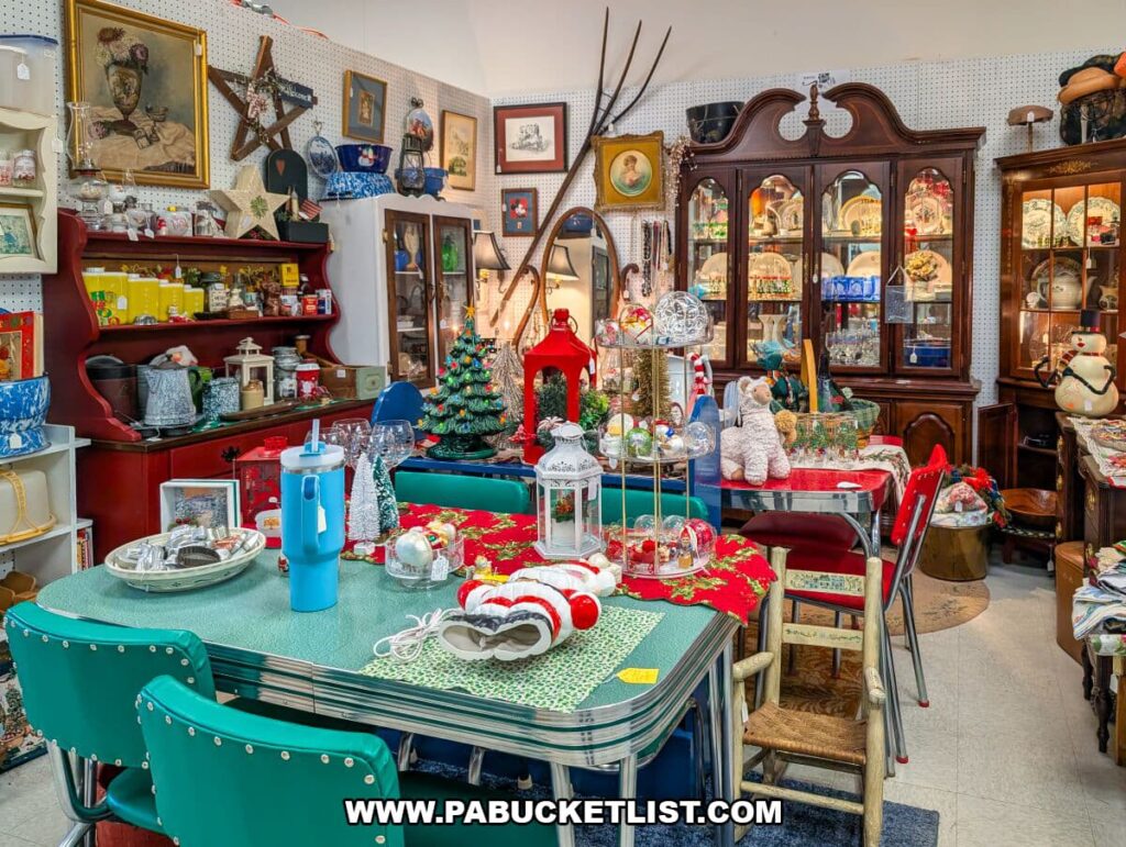 Vintage dining and décor booth inside Black Rose Antiques in Hanover, Pennsylvania, featuring retro kitchen tables and chairs, holiday-themed decorations, teddy bears, lanterns, china cabinets, framed artwork, and collectibles arranged throughout the space.