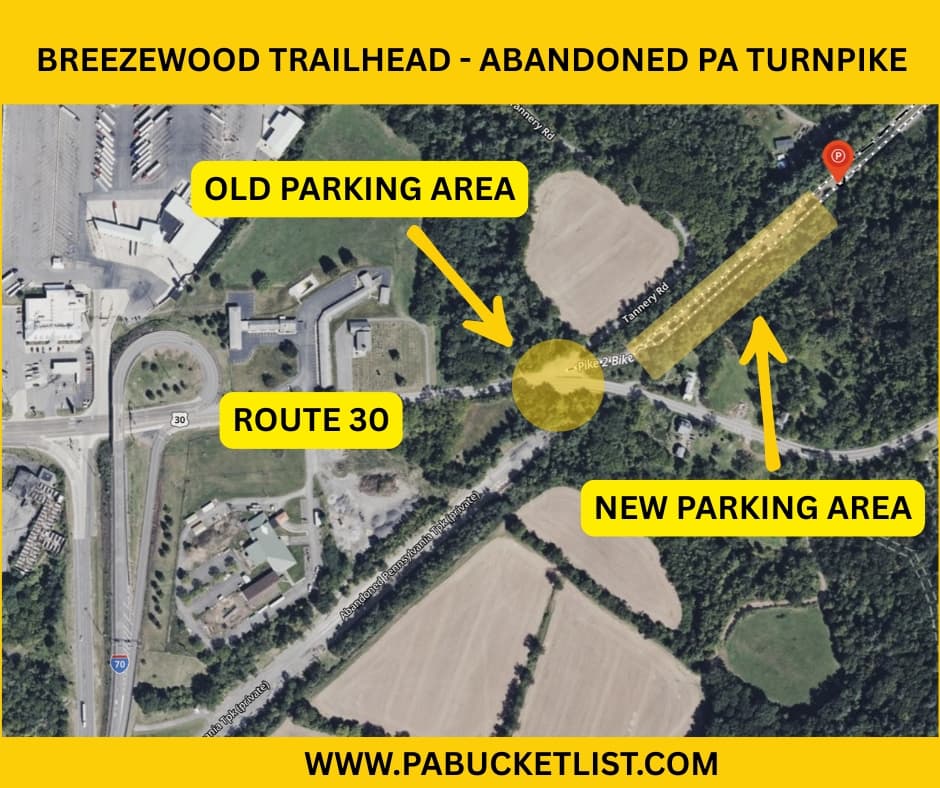 Map showing the Breezewood Trailhead for the Abandoned PA Turnpike, highlighting the former parking area, the new designated parking area along Tannery Road, and the trail’s proximity to Route 30 at the western end of the 8.5-mile former Turnpike corridor in Bedford and Fulton counties.