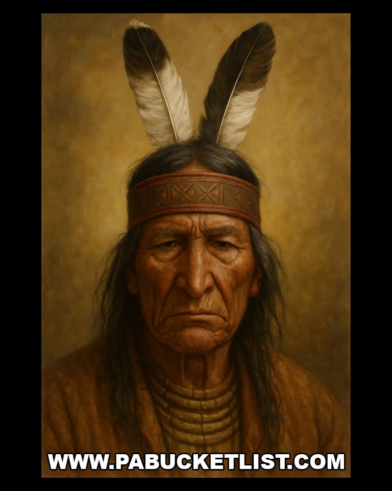 A lifelike portrait-style illustration of Chief Woapalanne, also known as Chief Bald Eagle, depicting him with long dark hair, a patterned headband, two bald eagle feathers, and a solemn expression, honoring the Lenape leader for whom Pennsylvania’s Bald Eagle State Forest is named.