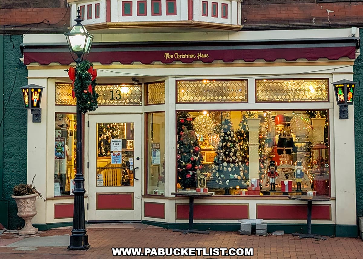 Exterior view of The Christmas Haus in Gettysburg, Pennsylvania, showing the festive storefront with glowing holiday displays, decorated Christmas trees, and German-inspired ornaments visible through the large windows.