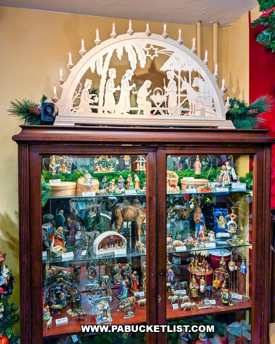 Glass cabinet at The Christmas Haus in Gettysburg filled with intricately crafted nativity figurines and German-made Christmas collectibles, topped with an illuminated wooden nativity arch.