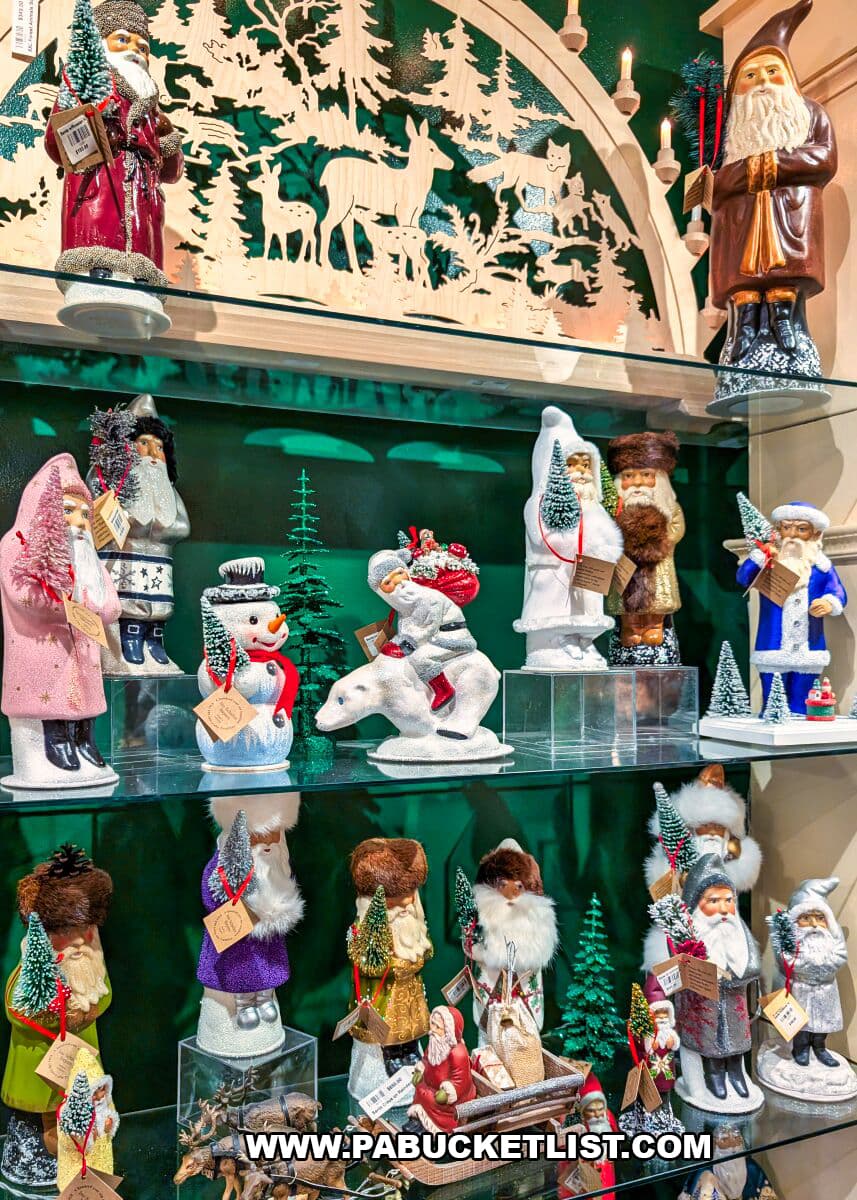 Shelves at The Christmas Haus in Gettysburg displaying German-made Christmas figurines including Old World Santas, snowmen, woodland scenes, and festive holiday characters.