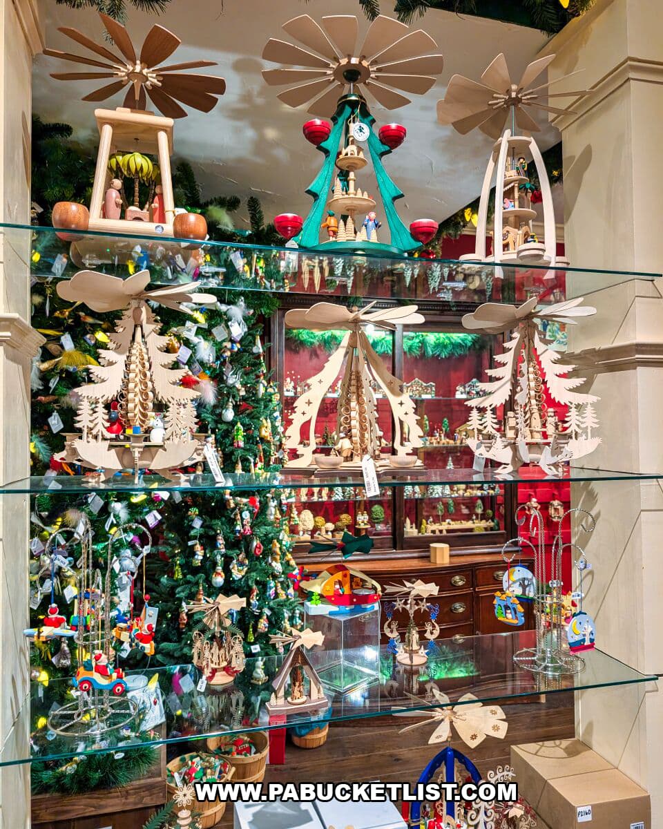 Glass shelves at The Christmas Haus in Gettysburg showcasing handcrafted German wooden Christmas pyramids, carousel-style nativity scenes, and festive ornaments with decorated trees in the background.