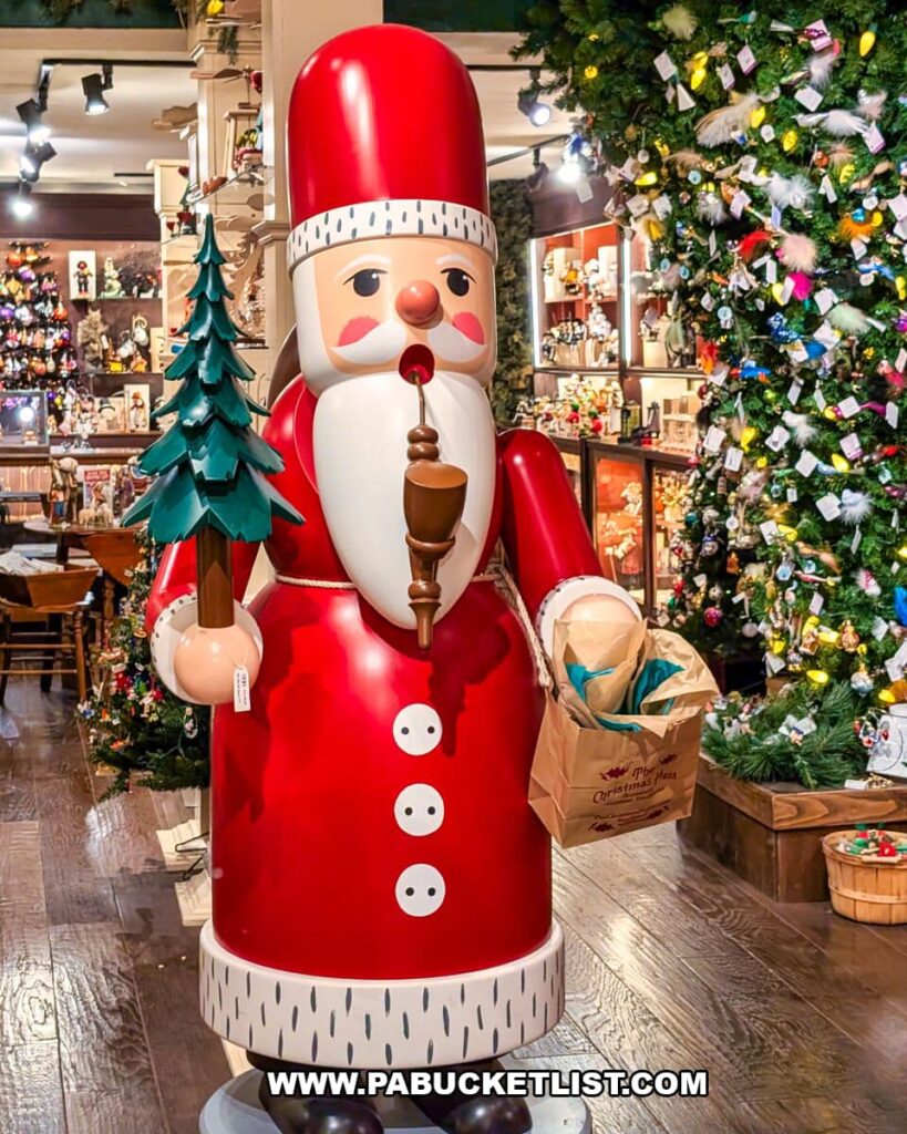 A large German-style wooden smoker Santa statue displayed inside The Christmas Haus in Gettysburg, holding a small Christmas tree and shopping bag amid festive holiday decor.