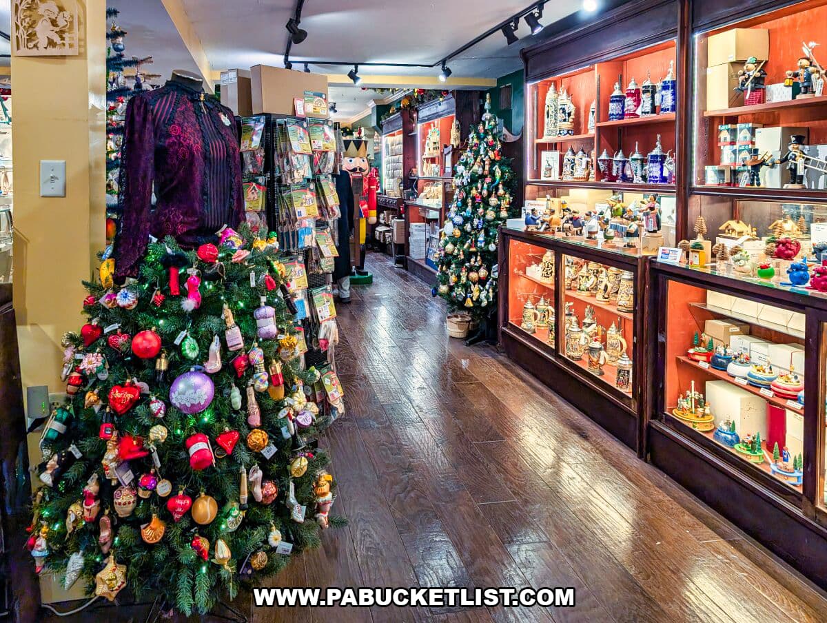 Interior aisle of The Christmas Haus in Gettysburg lined with glass display cases of German ornaments, smoker figurines, and beer steins, with decorated Christmas trees throughout the shop.