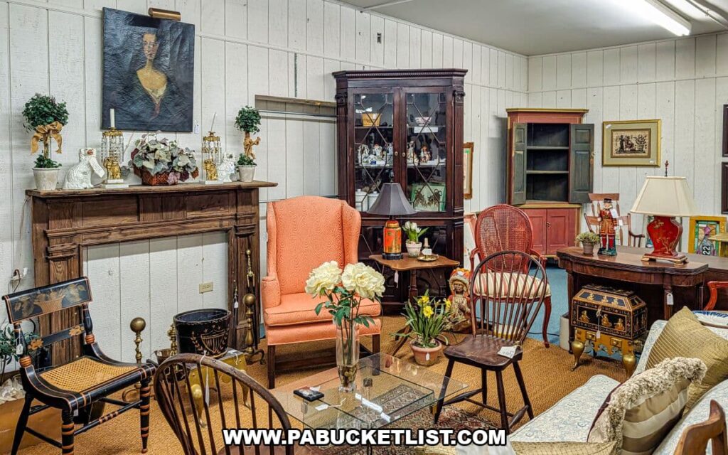 Cozy showroom scene at Collector’s Choice Antiques Gallery in New Oxford, Pennsylvania, featuring vintage wooden chairs, an ornate fireplace mantel topped with décor, a coral upholstered armchair, glass-front china cabinet, folk art pieces, lamps, framed artwork, and a variety of antique furniture and collectibles arranged in a warm, inviting display.