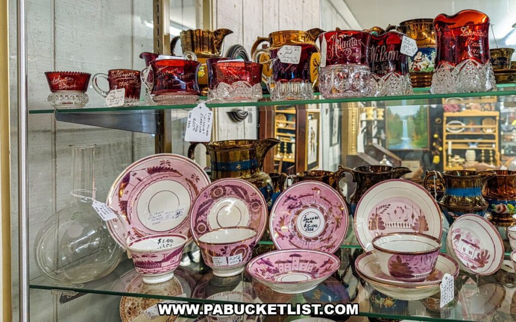 Glass display shelf at Collector’s Choice Antiques Gallery in New Oxford, Pennsylvania showcasing ruby-red souvenir glassware, gold-accented pitchers, and pink transferware tea sets and saucers with scenic designs, each tagged with handwritten price labels.