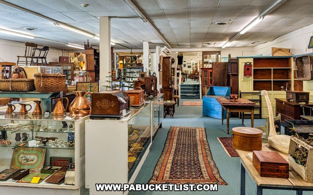 Wide view inside Collector’s Choice Antiques Gallery in New Oxford, Pennsylvania featuring aisles lined with antique furniture, woven baskets, copper pitchers, rugs, display cases of small collectibles, and vintage décor arranged across a spacious multi-vendor showroom.