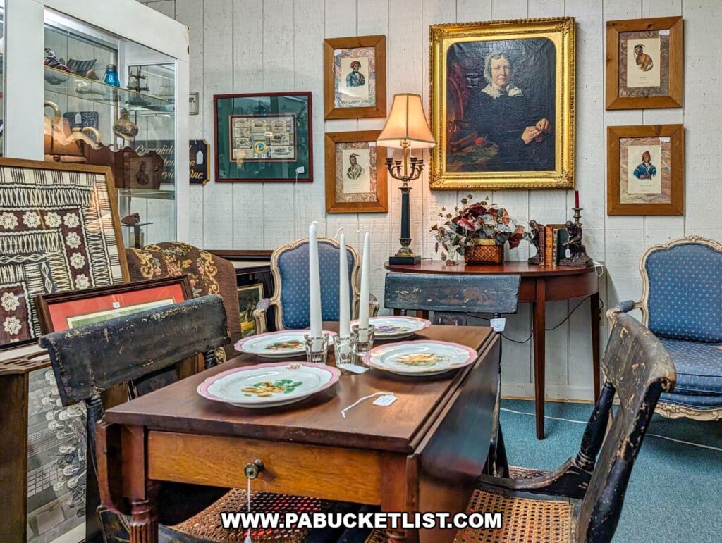Antique dining table set with vintage china and candles in a decorated corner of Collector’s Choice Antiques Gallery in New Oxford, Pennsylvania, surrounded by historic framed portraits, upholstered chairs, a display cabinet of collectibles, and period-style furniture and décor.