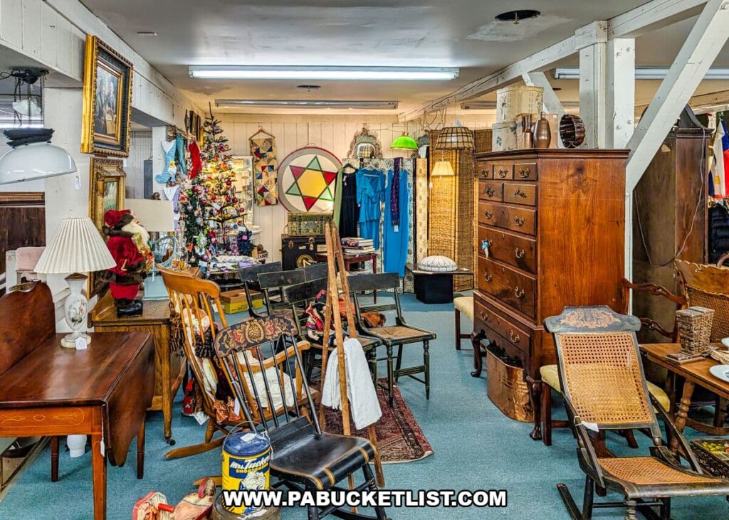 Assortment of vintage furniture, holiday décor, wooden chairs, a tall chest of drawers, framed art, quilts, and clothing displayed throughout a colorful booth area at Collector’s Choice Antiques Gallery in New Oxford, Pennsylvania.