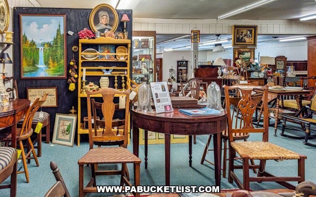 Vintage wooden chairs, small antique tables, framed artwork, shelves of collectibles, and various home décor items arranged in a colorful display area inside Collector’s Choice Antiques Gallery in New Oxford, Pennsylvania.