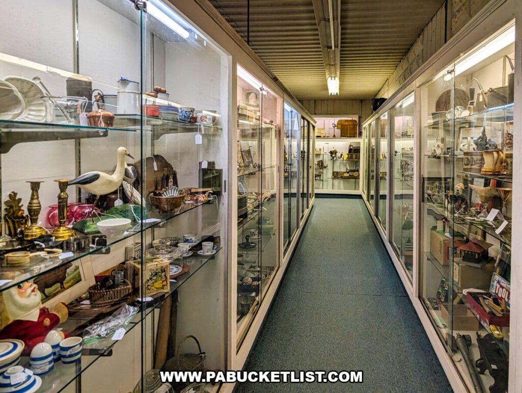 Narrow aisle lined with glass display cases filled with small antiques, collectibles, figurines, brass candlesticks, and vintage décor inside Collector’s Choice Antiques Gallery in New Oxford, Pennsylvania.