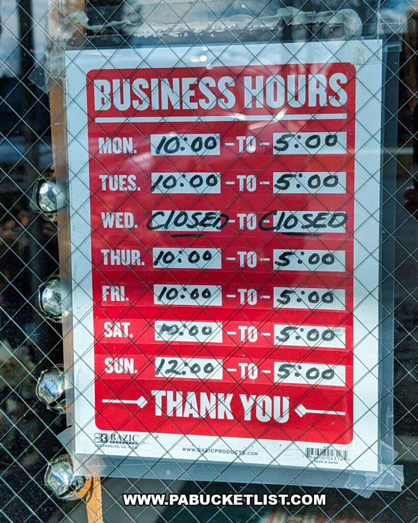Close-up of the business hours sign on the entrance door at Collector’s Choice Antiques Gallery in New Oxford, Pennsylvania, showing operating hours of 10 AM to 5 PM most days and closed on Wednesdays.