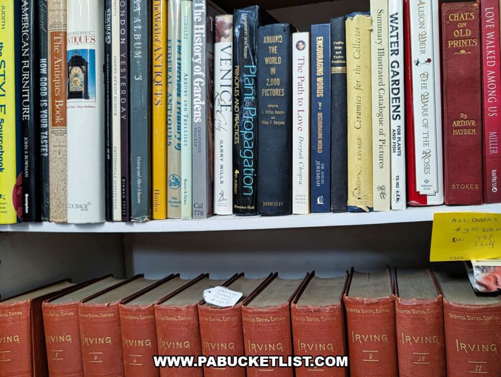 Shelves of vintage books for sale at Collector’s Choice Antiques Gallery in New Oxford, Pennsylvania, featuring assorted antique reference books, novels, and a matching set of red Irving volumes stacked neatly below.