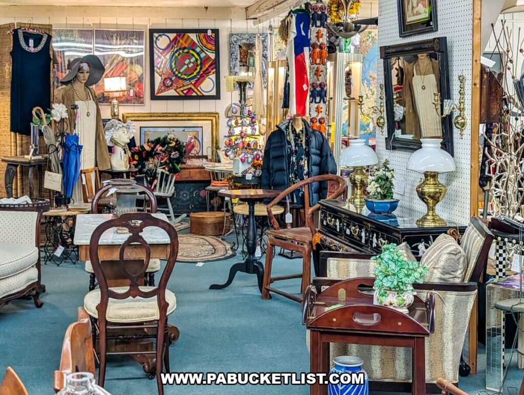 Booth area featuring vintage clothing on mannequins, framed artwork, antique dining chairs, decorative lamps, small furniture pieces, and assorted home décor items at Collector’s Choice Antiques Gallery in New Oxford, Pennsylvania.