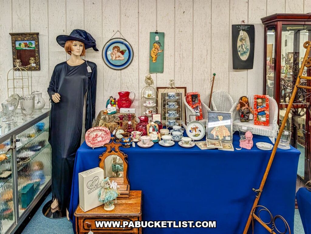Display table covered in blue fabric showcasing vintage dishes, teacups, framed art, dolls, glassware, and a mannequin wearing a long dark dress and hat at Collector’s Choice Antiques Gallery in New Oxford, Pennsylvania.