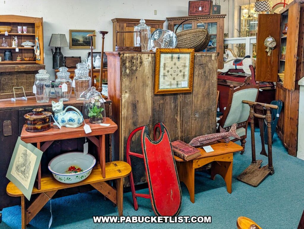 Assortment of rustic antique furniture, glass jars, pottery, framed art, a red vintage sled, and wooden décor pieces arranged in a cozy vendor booth at Collector’s Choice Antiques Gallery in New Oxford, Pennsylvania.