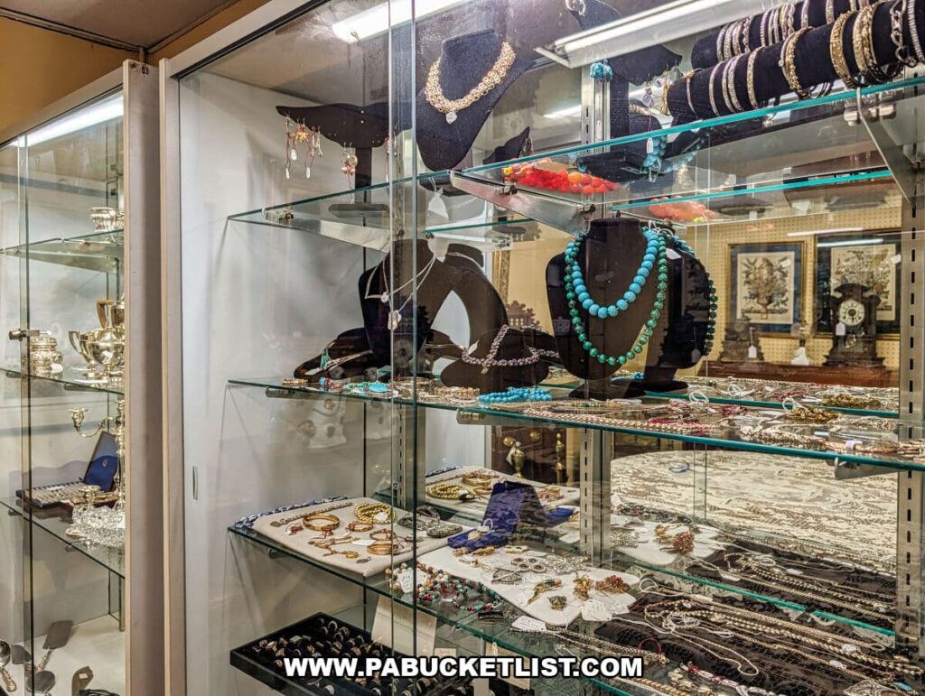 Glass display case filled with vintage jewelry at Collector’s Choice Antiques Gallery in New Oxford, Pennsylvania, featuring necklaces, bracelets, rings, and earrings arranged on stands and velvet trays.