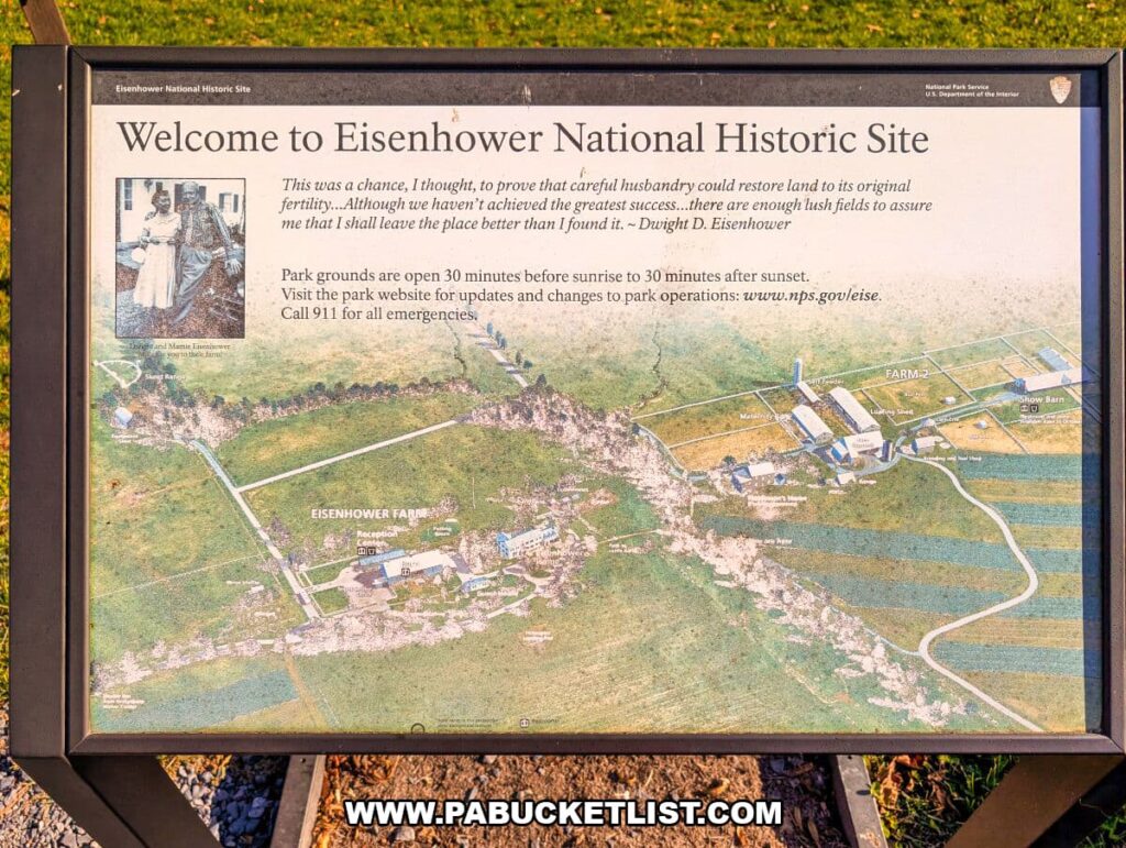 Interpretive sign at Eisenhower National Historic Site welcoming visitors, featuring a quote from President Eisenhower and a map of the Gettysburg farm layout.