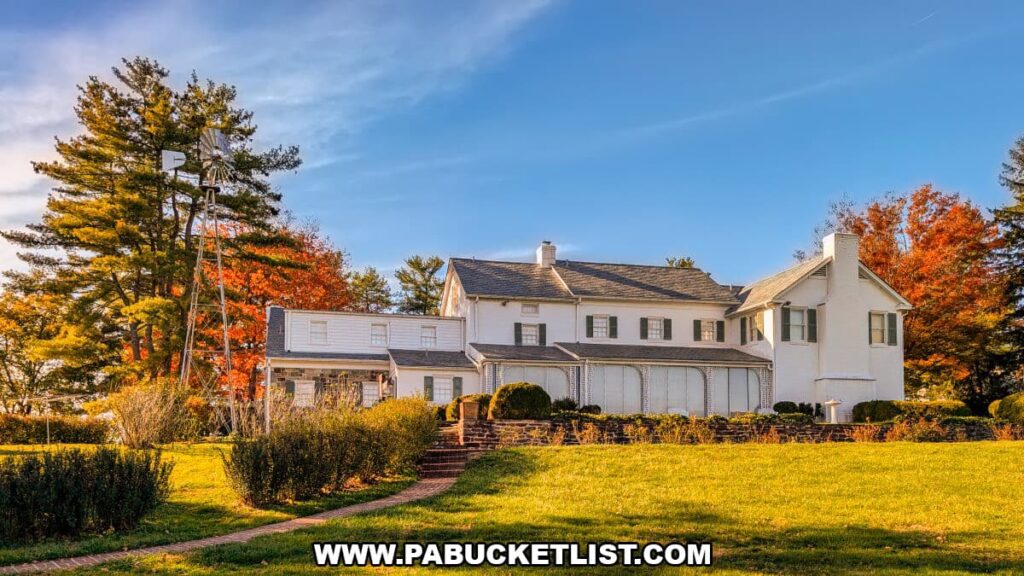 White-painted farmhouse at the Eisenhower National Historic Site in Gettysburg, framed by manicured shrubs, a towering windmill, and vibrant fall foliage under a bright blue October sky.