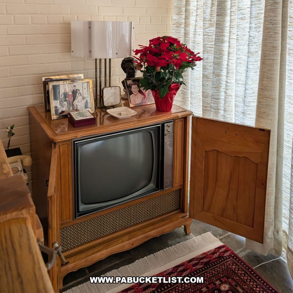 Vintage wooden-cabinet television on the sun porch at the Eisenhower National Historic Site, topped with framed family photos, a table lamp, a clock, and a festive poinsettia next to patterned curtains.