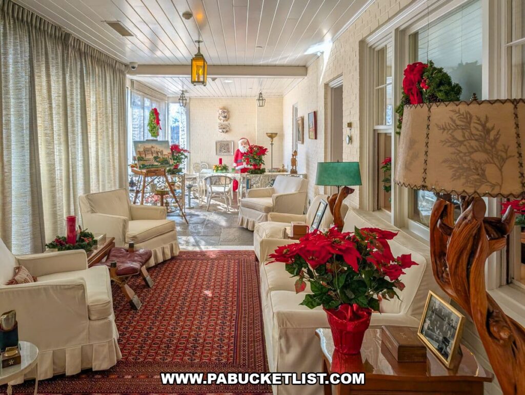 Cozy enclosed porch at the Eisenhower National Historic Site in Gettysburg decorated for Christmas, featuring white armchairs, poinsettias, holiday wreaths, vintage lamps, framed photos, and a Santa figure standing near a small dining table with winter sunlight streaming through large windows.