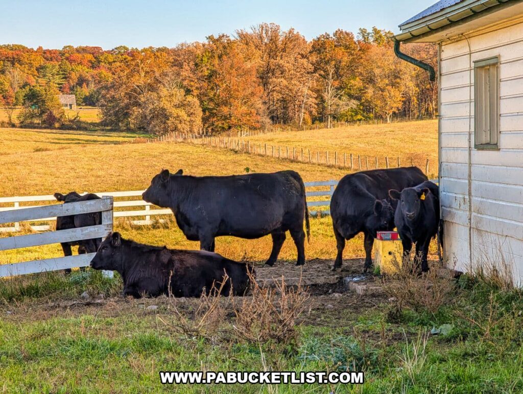 Black Angus cattle resting and grazing beside a white farm building at the Eisenhower National Historic Site, with rolling pastures and autumn-colored trees in the background.