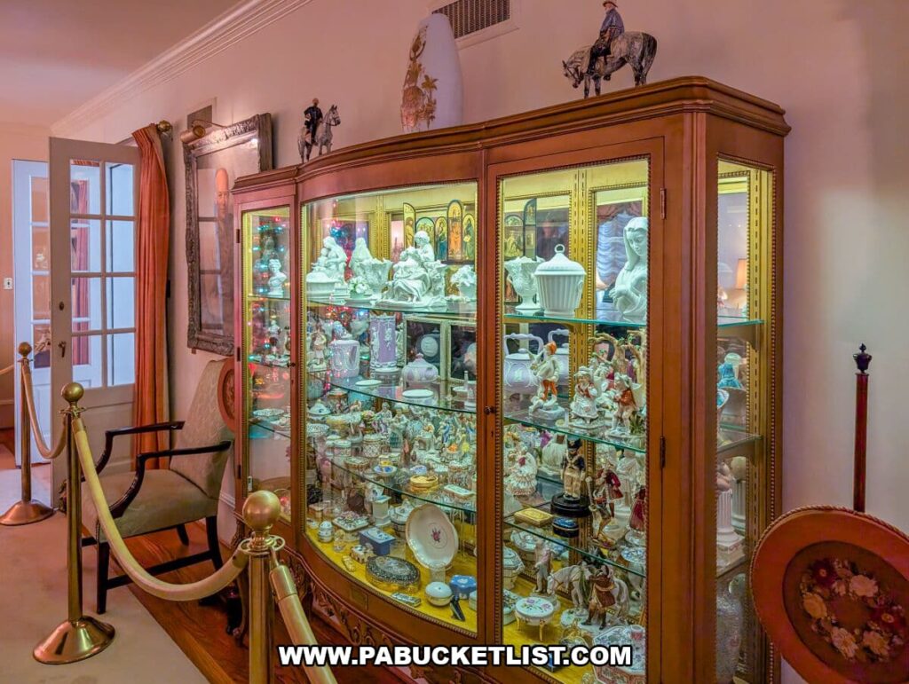 Ornate glass-front curio cabinet at the Eisenhower National Historic Site filled with delicate porcelain figurines, dishes, and collectibles, flanked by roped barriers, a vintage armchair, framed artwork, and a portrait hanging on the wall behind it.