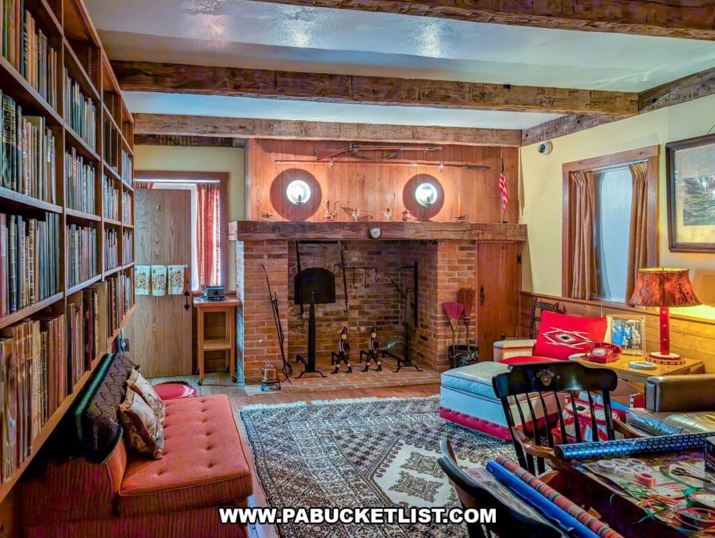 Warm, wood-paneled den at the Eisenhower National Historic Site featuring a brick fireplace with tools and décor, exposed wooden ceiling beams, shelves filled with books, cozy seating, a patterned rug, and vintage lamps creating a homey retreat atmosphere.