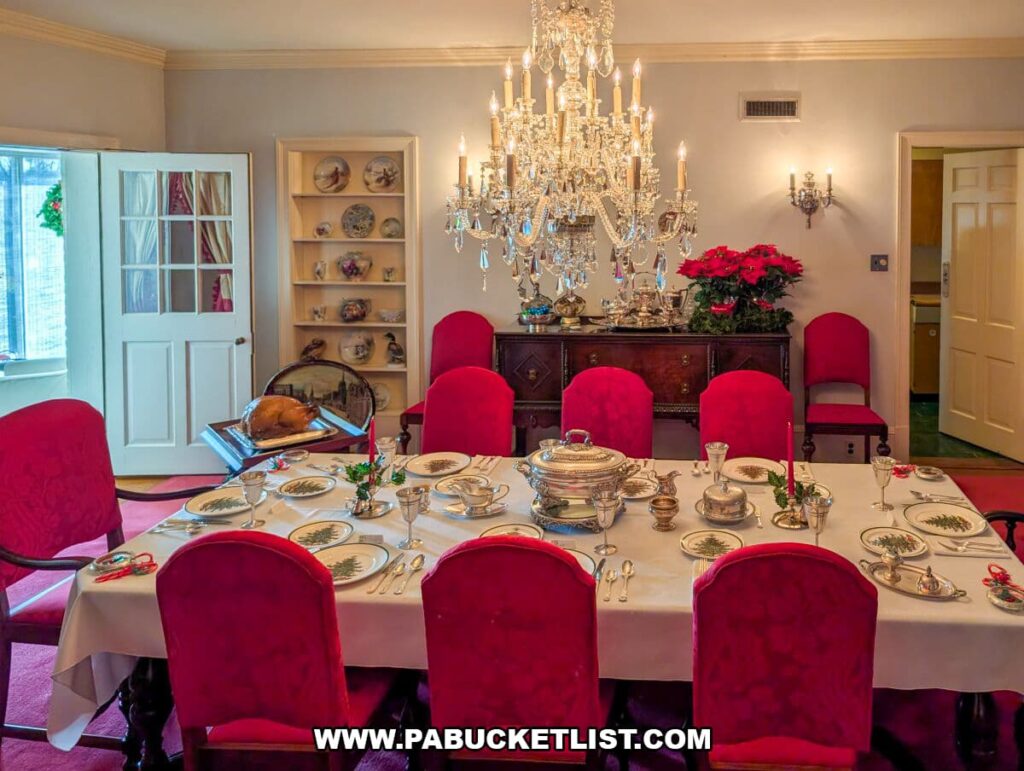 Elegant dining room at the Eisenhower National Historic Site set for a formal holiday meal, featuring red upholstered chairs around a long table with fine china, silver serving pieces, a roasted turkey on a side cart, poinsettias, and a sparkling crystal chandelier overhead.
