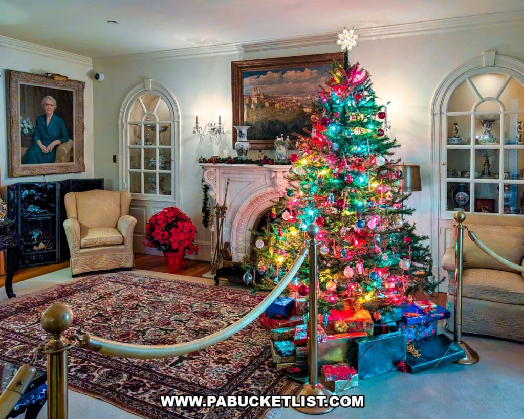 Festively decorated living room at the Eisenhower National Historic Site featuring a glowing Christmas tree with wrapped presents beneath it, a grand carved fireplace, elegant furniture, poinsettias, and portraits adorning the walls behind roped-off barriers.