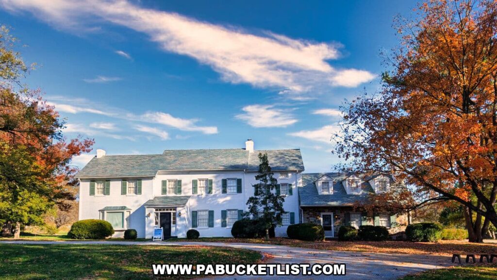 Front view of the white farmhouse at Eisenhower National Historic Site in Gettysburg, framed by fall foliage and a bright blue sky.