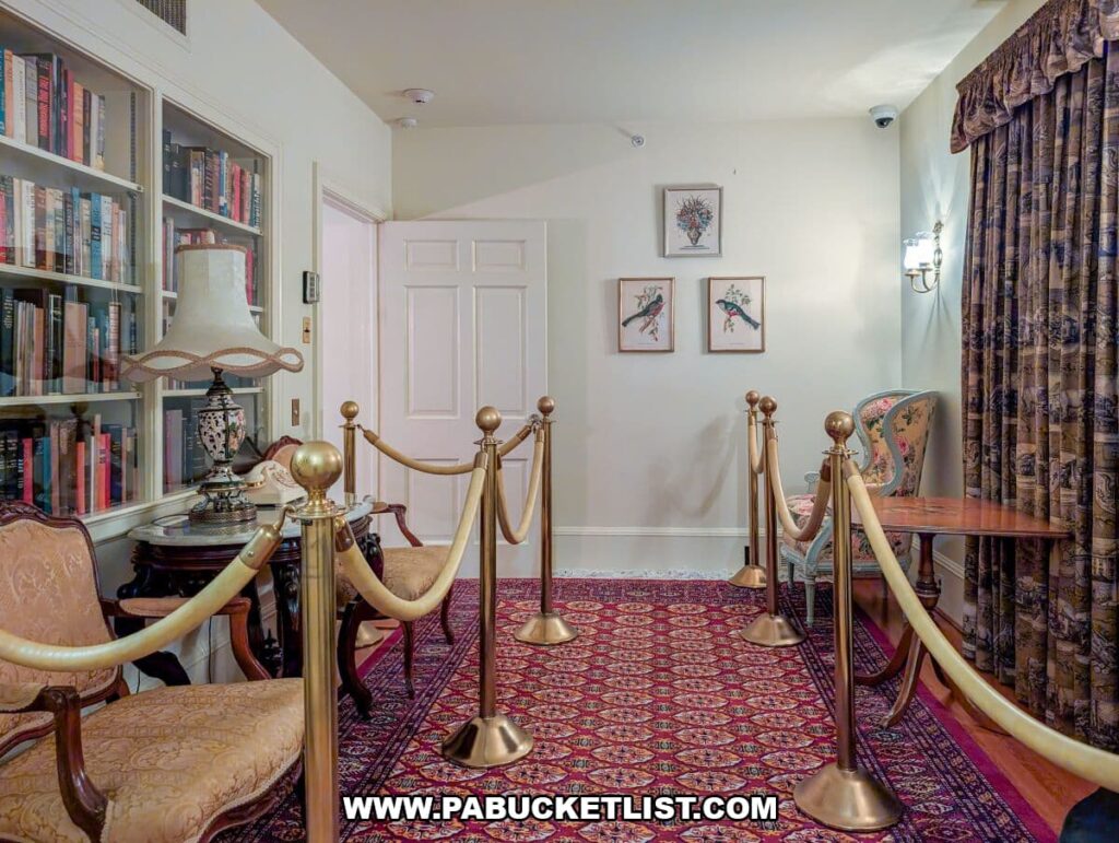 Elegant hallway at the Eisenhower National Historic Site lined with a glass-front bookcase, antique upholstered chairs, floral artwork on the wall, patterned rug, and decorative table lamp, with rope barriers guiding visitors through the historic home.