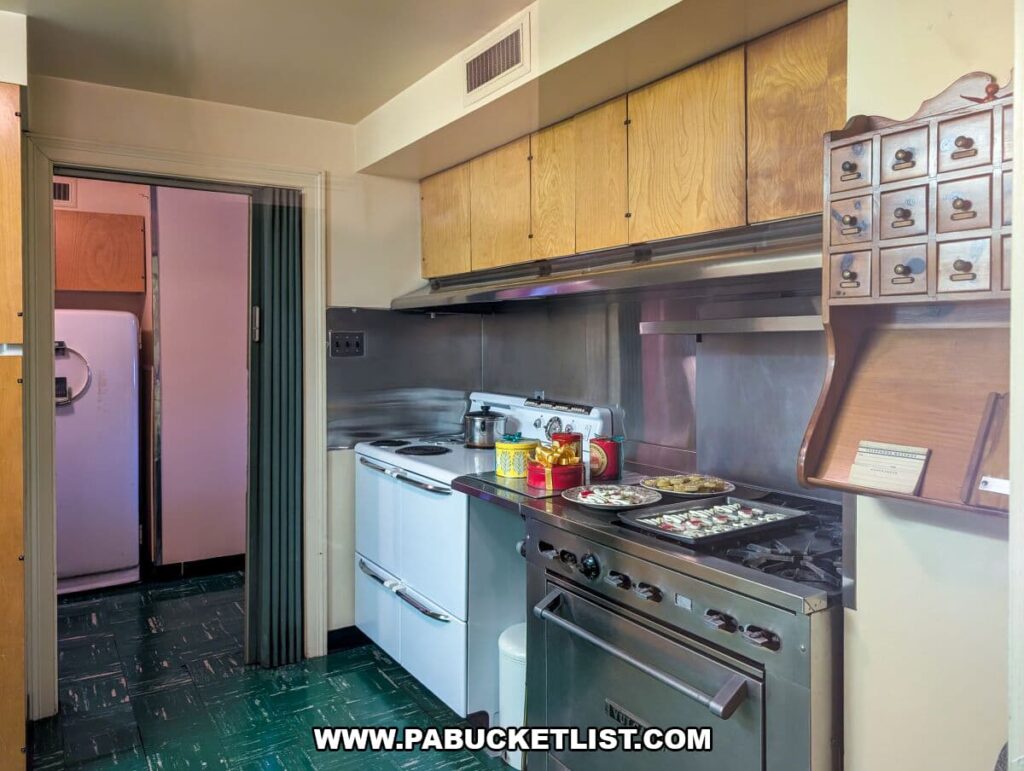 Vintage kitchen at the Eisenhower National Historic Site featuring mid-20th-century appliances, wood cabinets, a stovetop with trays of holiday cookies, and a pastel refrigerator visible through a doorway.