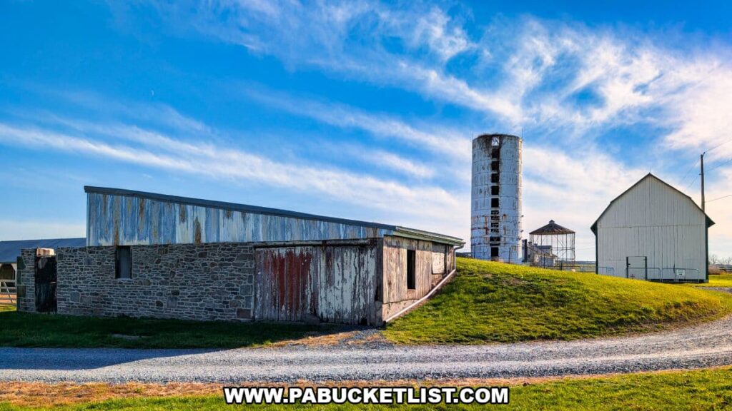 Stone and wood barn structures, a weathered silo, and outbuildings on the historic Eisenhower farm under a bright blue sky.
