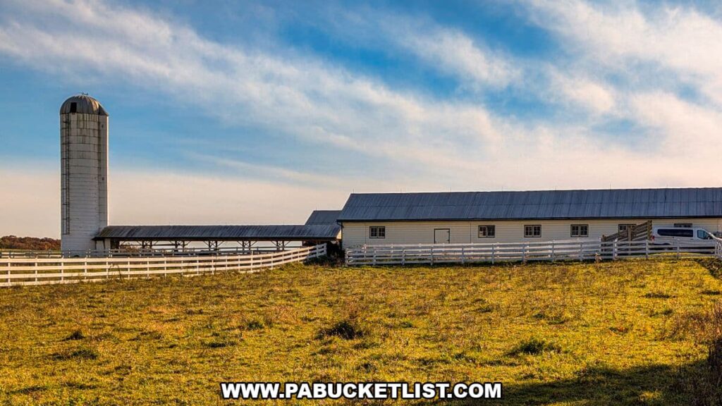 Long white livestock barn and silo on the Eisenhower farm at Gettysburg, surrounded by fenced pastures under a wide blue sky.