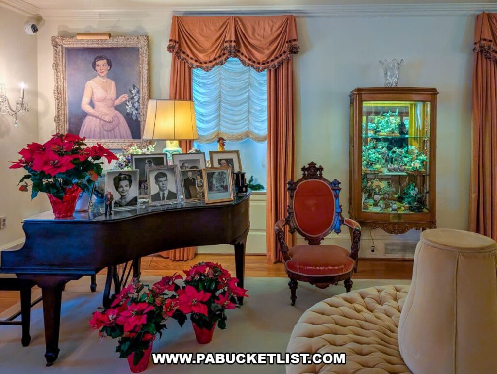 Elegant family room at the Eisenhower National Historic Site featuring a grand piano topped with framed family photographs and poinsettias, a portrait of Mamie Eisenhower on the wall, vintage red velvet chairs, and a glass curio cabinet filled with collectibles.