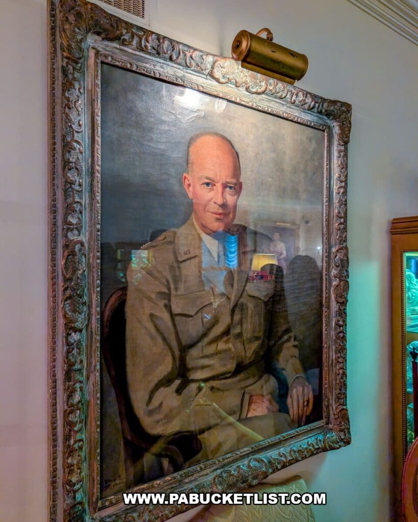 Framed portrait of Dwight D. Eisenhower in military uniform displayed on the wall inside the Eisenhower National Historic Site, illuminated by a brass picture light above.