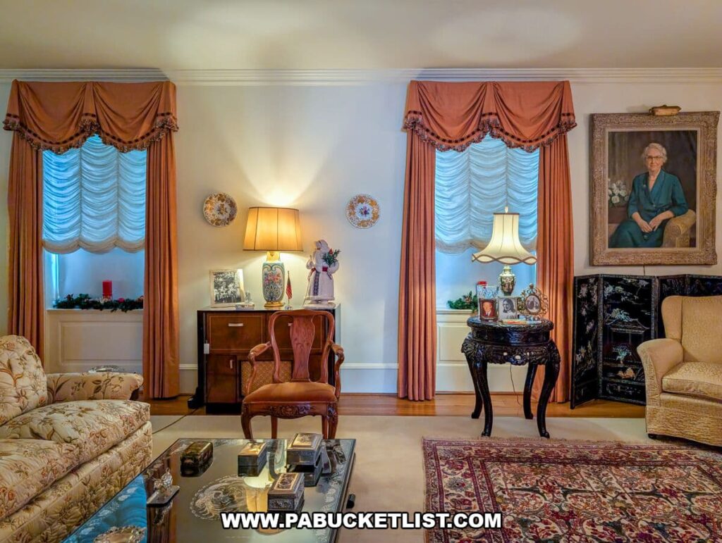 Cozy formal sitting room at the Eisenhower National Historic Site featuring patterned sofas, antique side tables with lamps and framed photographs, peach-colored drapes, a portrait of Mamie Eisenhower, and holiday greenery accenting the windowsills.