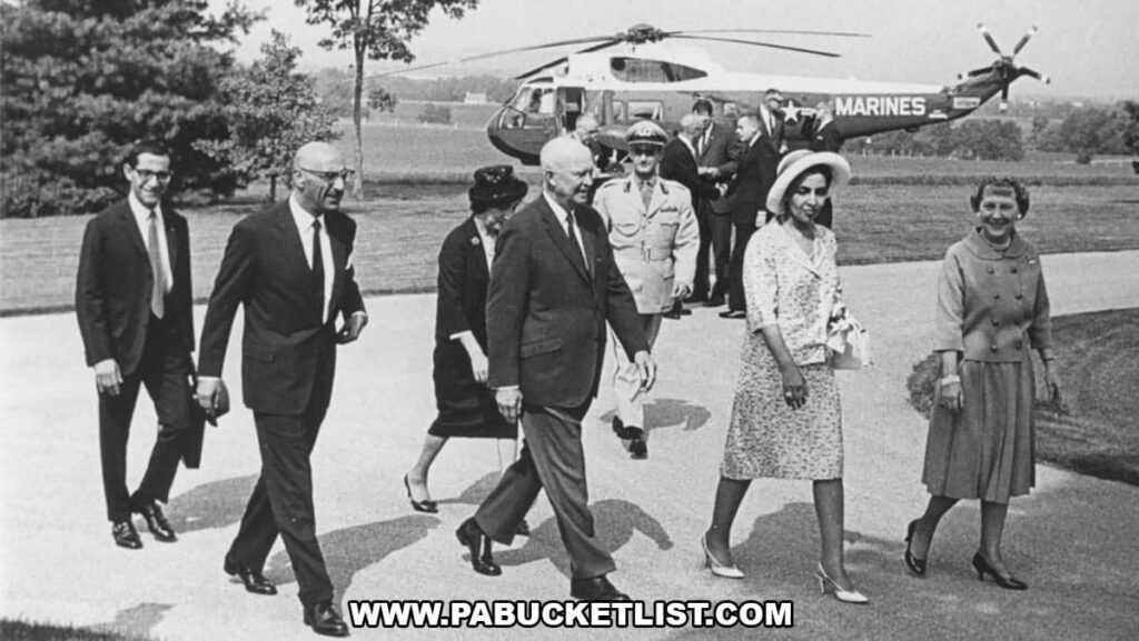 Historic black-and-white photo showing Dwight D. Eisenhower walking with dignitaries and guests on the driveway of his Gettysburg farm, with a Marine helicopter parked in the background.